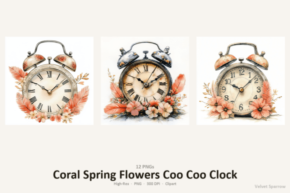 Coral Spring Flowers Coo Coo Clock: Instant 300 DPI Art