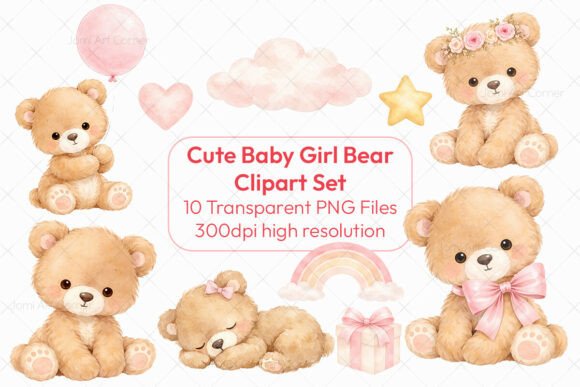 Cute Baby Girl Bear Clipart Set: The Perfect Touch for Your Next Creative Project