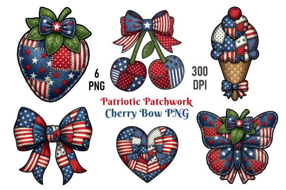 Elevating Independence Day Designs with the Patriotic Patchwork Cherry Bow PNG Aesthetic