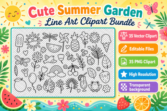 Maximizing Your Creative Output with the Cute Summer Garden Line Art Clipart Bundle