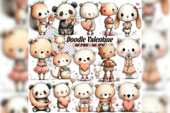 Whimsical Doodle Valentine Animals Clipart: Elevate Your Creative Projects with Hand-Drawn Charm