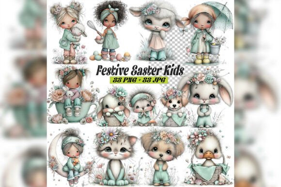 Whimsical Easter Kids Clipart Set: Elevate Your Spring Designs with Watercolor Charm