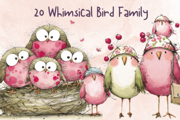 Whimsical Quirky Bird Family Clipart Set: Elevating Digital Design with Storybook Charm